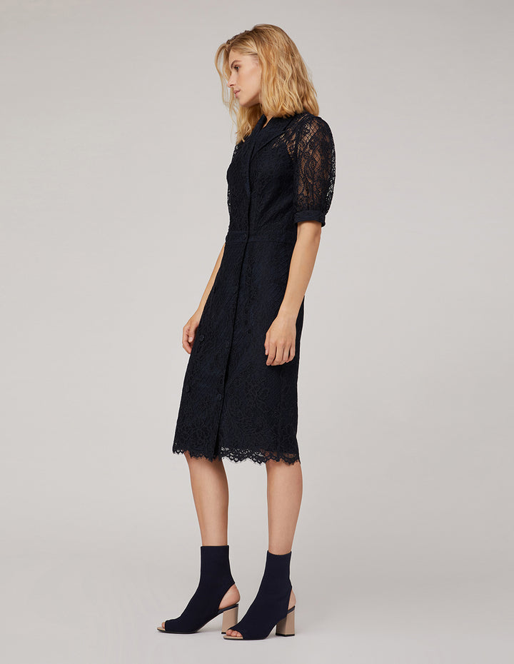 MARYLING Peak-Lapel Midi Lace Dress