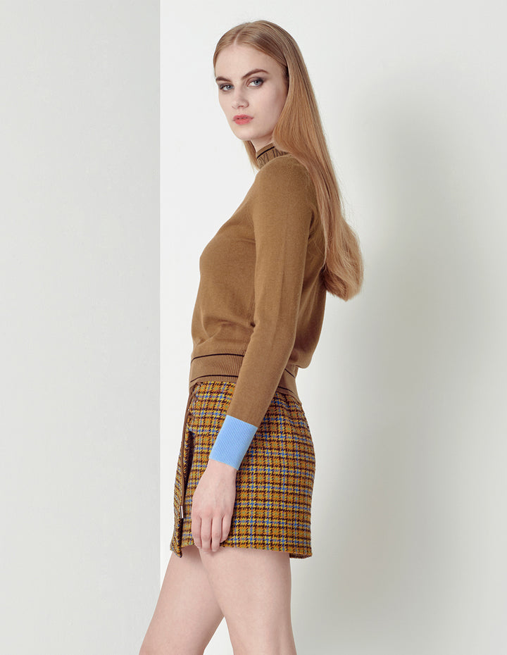 MARYLING Blue camel plaid wearing rope mini small A skirt
