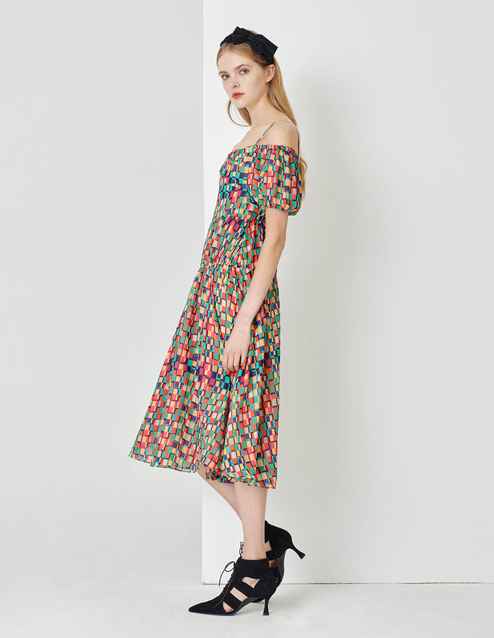 MARYLING Colourful Checkered Bubble Sleeve Printed Dress