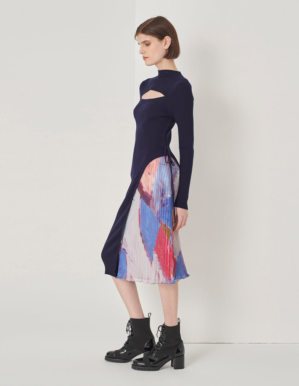 MARYLING Needle-Chiffon Printed Pleated Dress