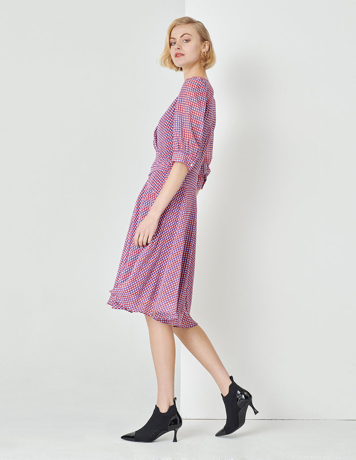 MARYLING Houndstooth Georgette Print Puff Sleeve Dress