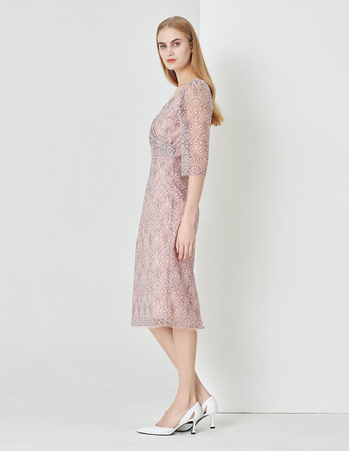 MARYLING Pink Heart-Neck Waist Hip Up Lace Dress