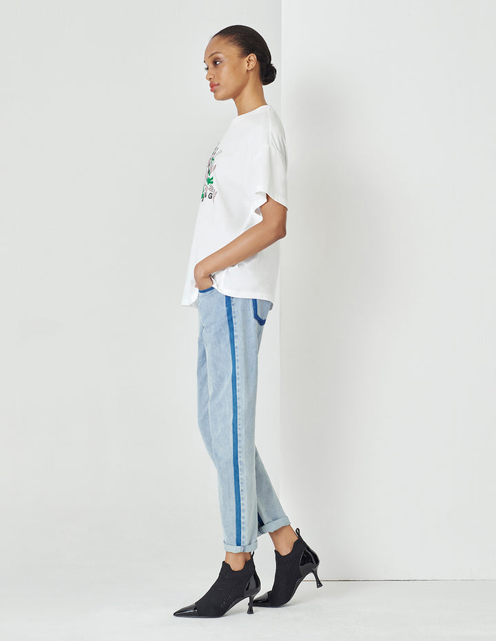 MARYLING White Rabbit Print Loose Fit Short Sleeve T-Shirt