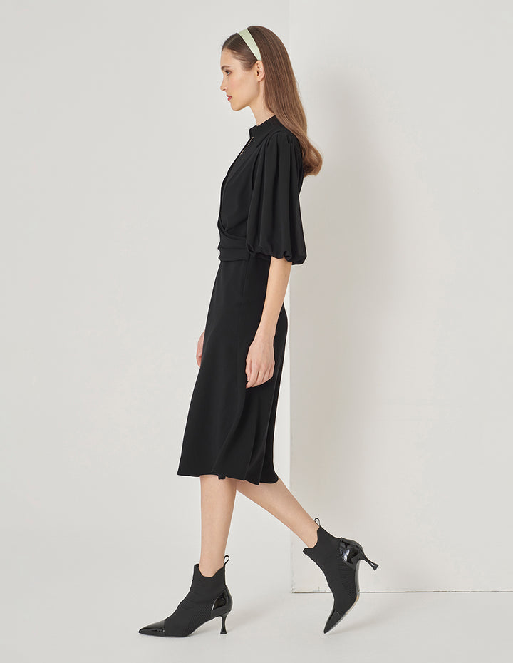 MARYLING Black Fake Two-Piece Shirt V-Neck Puff Sleeve Dress
