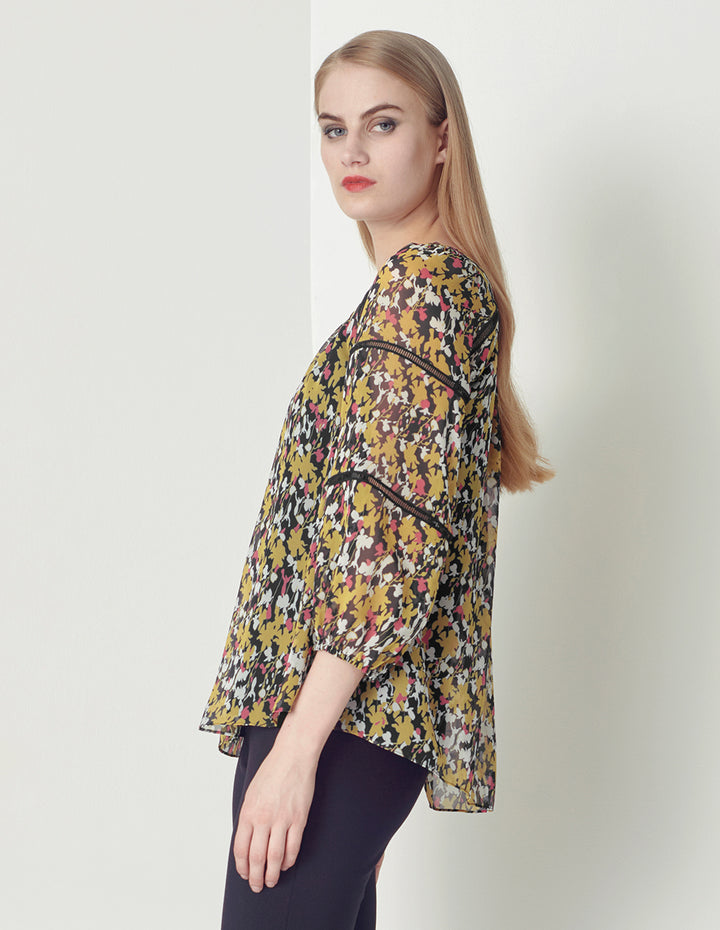 MARYLING Square Collar Puffed Sleeves Print Top