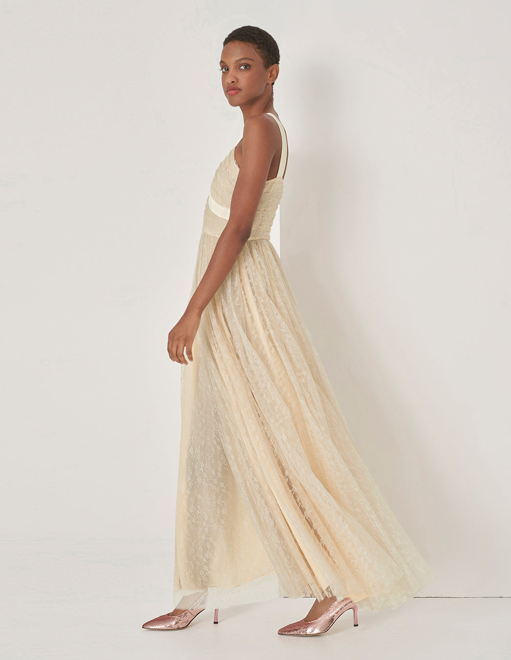 MARYLING Champagne V-Neck Lace Gown Dress