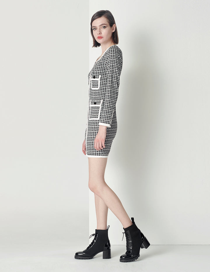 MARYLING Black and white houndstooth contrast color fringe dress
