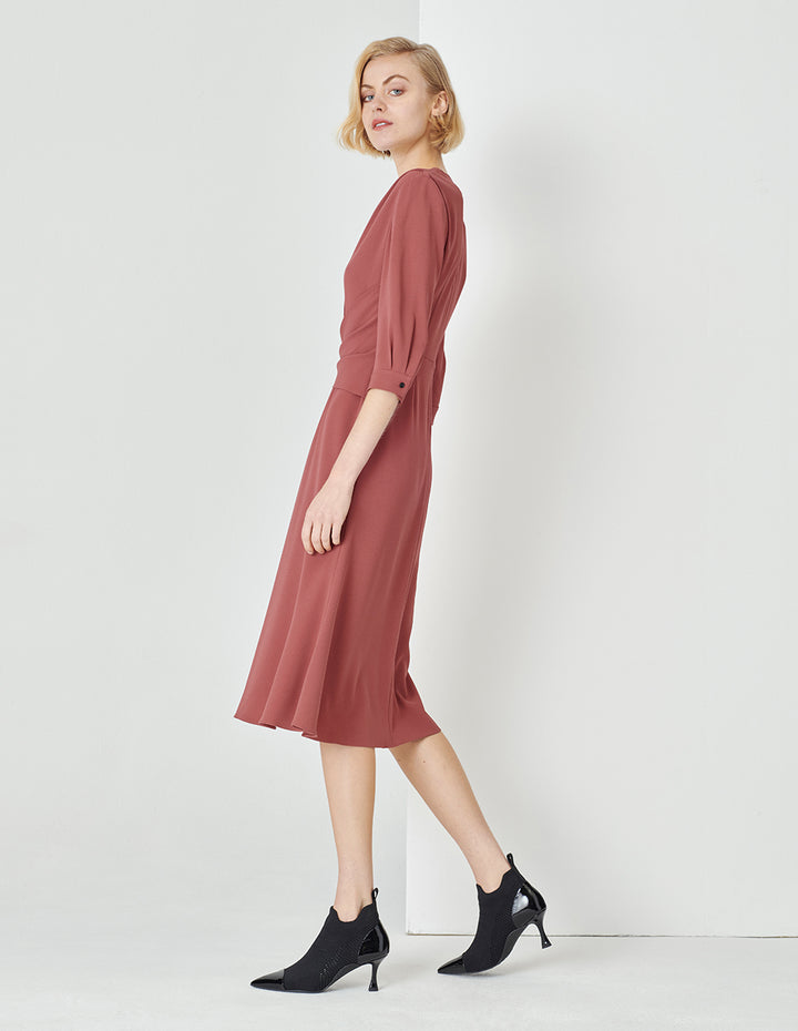 MARYLING Red V-Neck Pleated Waist Knee Mermaid Dress