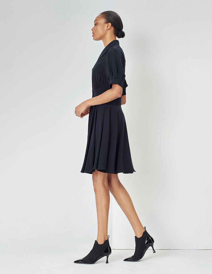MARYLING Navy Pleated Dress With Blazer Collar