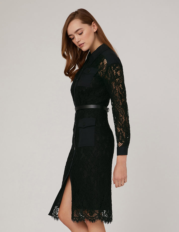 MARYLING Long Sleeve Lace Midi Shirt Dress
