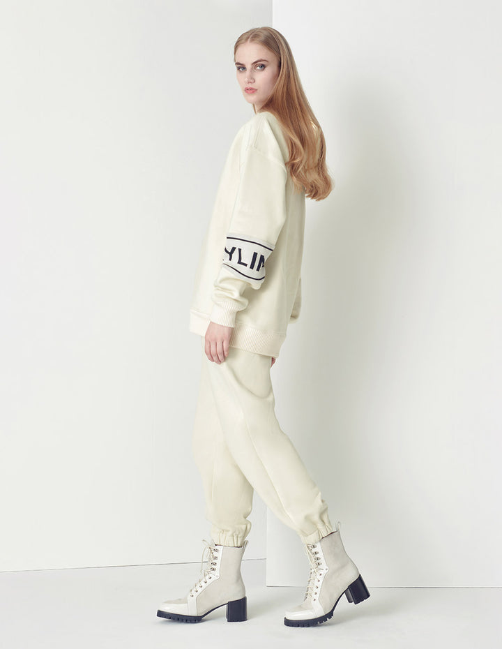 MARYLING off-white simple and elegant wool with stitching sweatpants