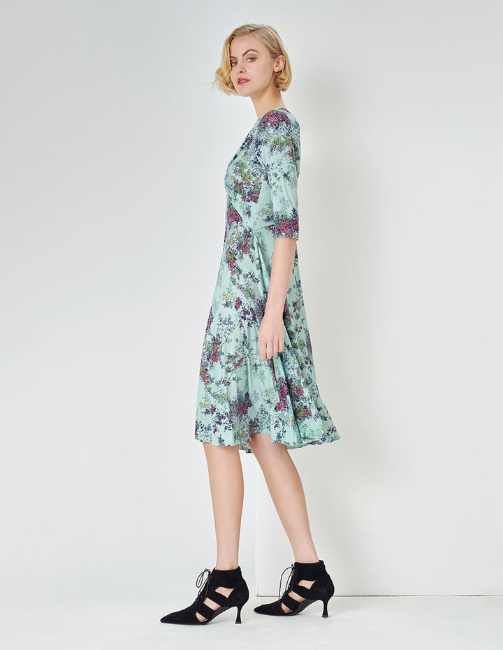 MARYLING Light Green Summer Jungle Small Floral Print Dress