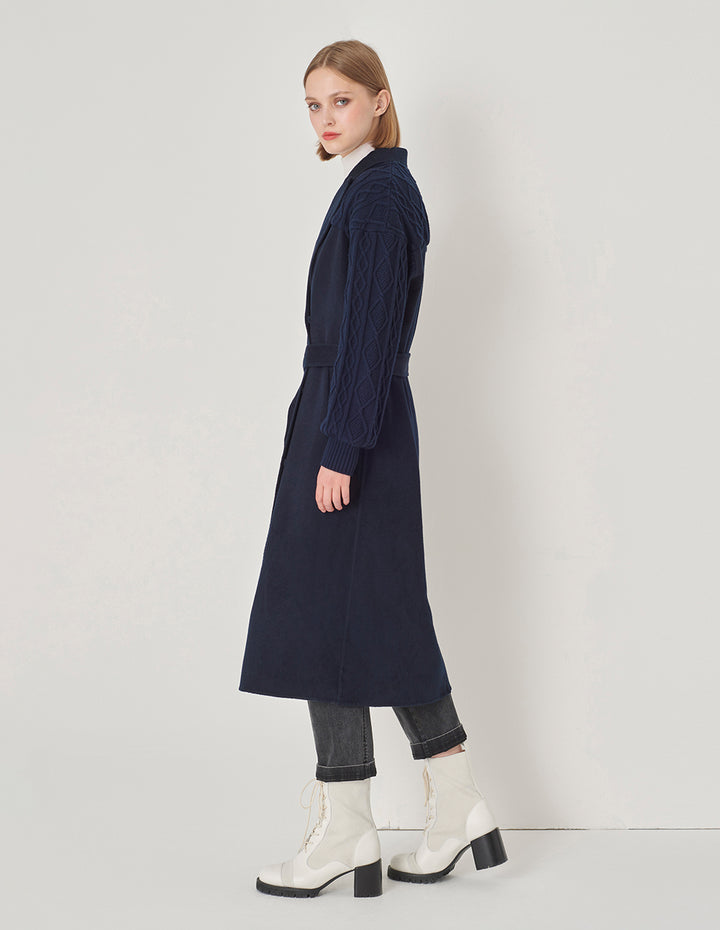 MARYLING Dark Blue Double-Sided Wool And Knitted Long Coat