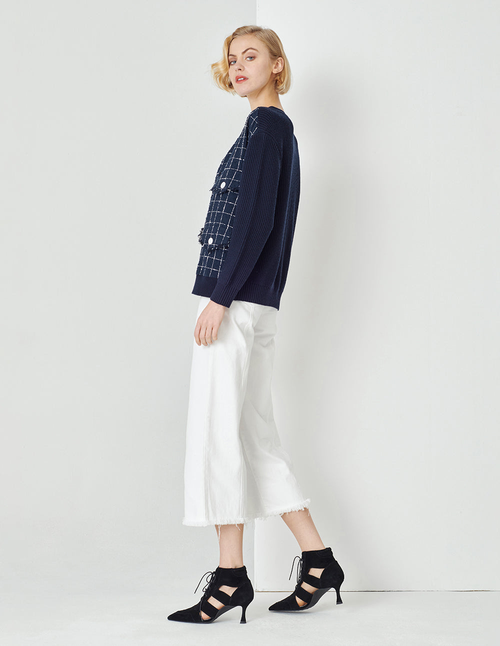 MARYLING Blue And White Check Needle Shuttle Jacket