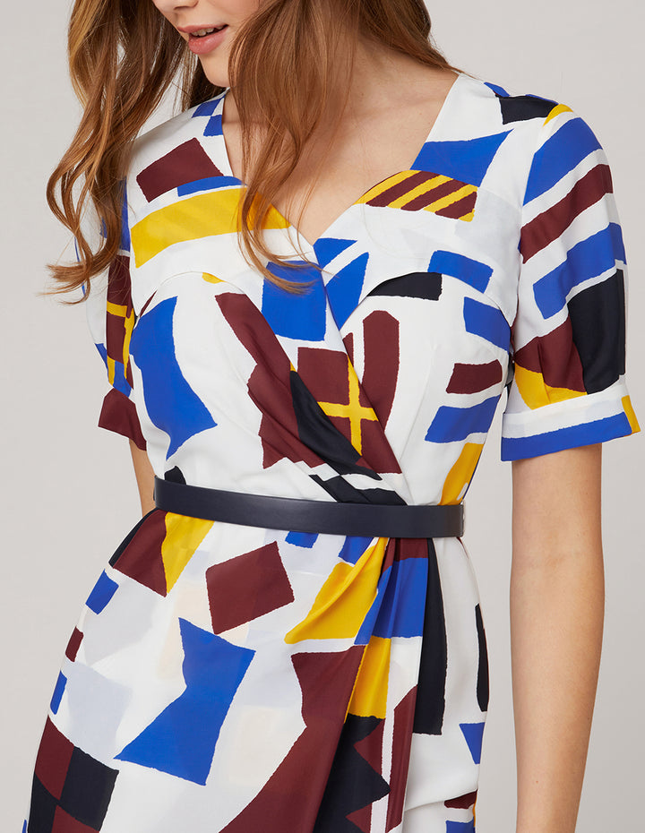 MARYLING V-neck crisscross pleated color block silk dress