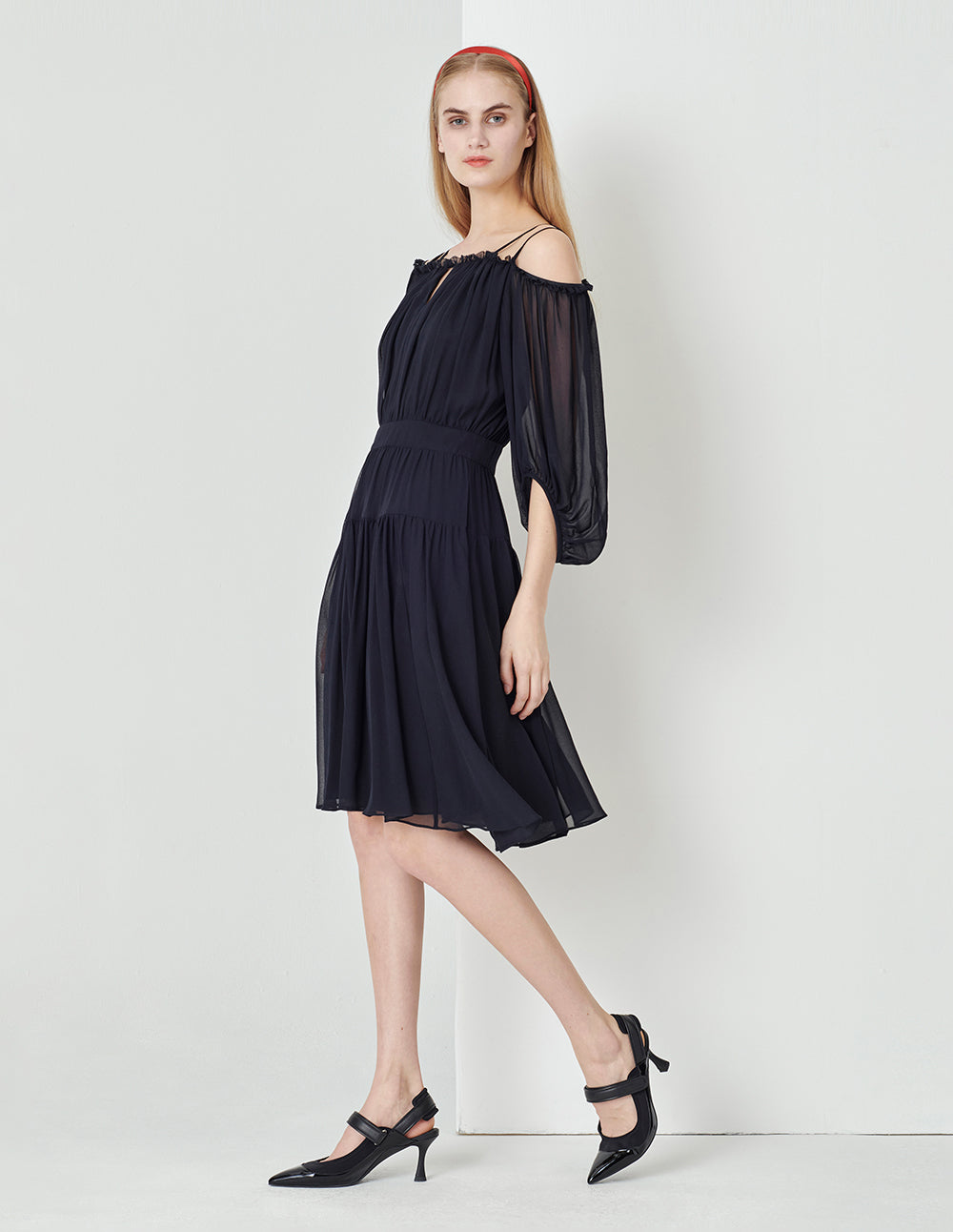 MARYLING Dark Blue One Shoulder Puff Sleeve Georgette Dress