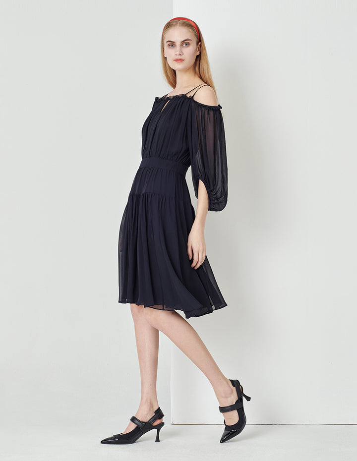 MARYLING Dark Blue One Shoulder Puff Sleeve Georgette Dress