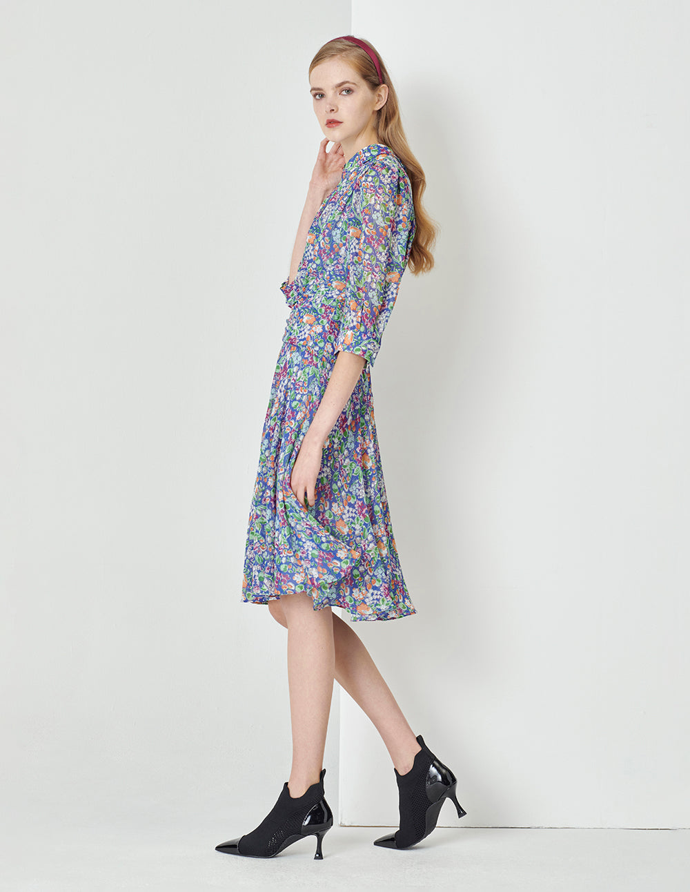 MARYLING Colour Shirt Collar Waist Pleated Puff Sleeve Dress