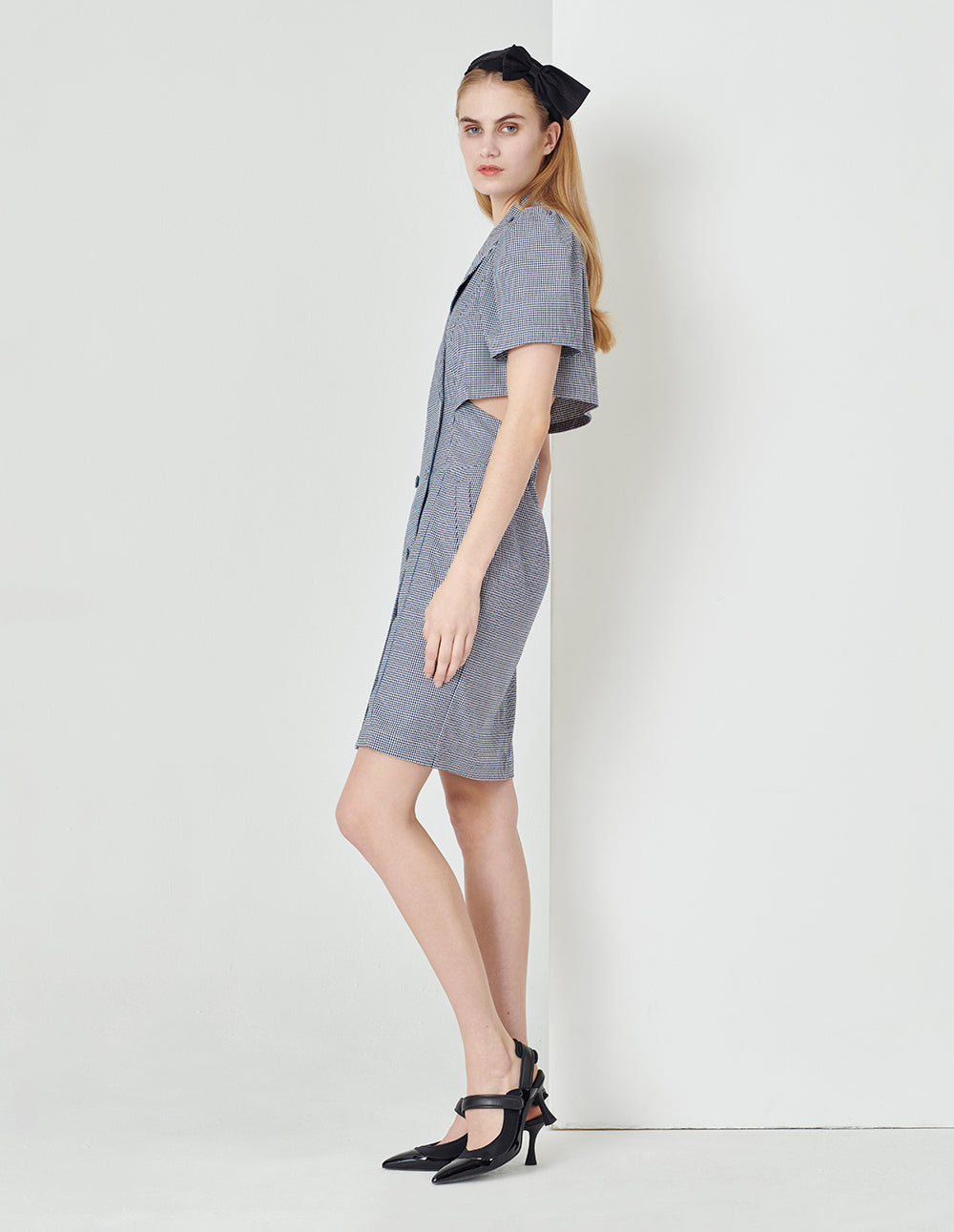 MARYLING Blue And White Checkered Back Hollow Bell-Shaped Sleeve Suit Dress