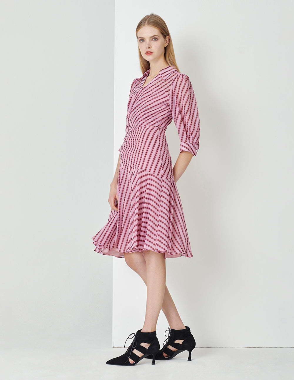 MARYLING Pink Bubble Georgette Long Sleeve Dress
