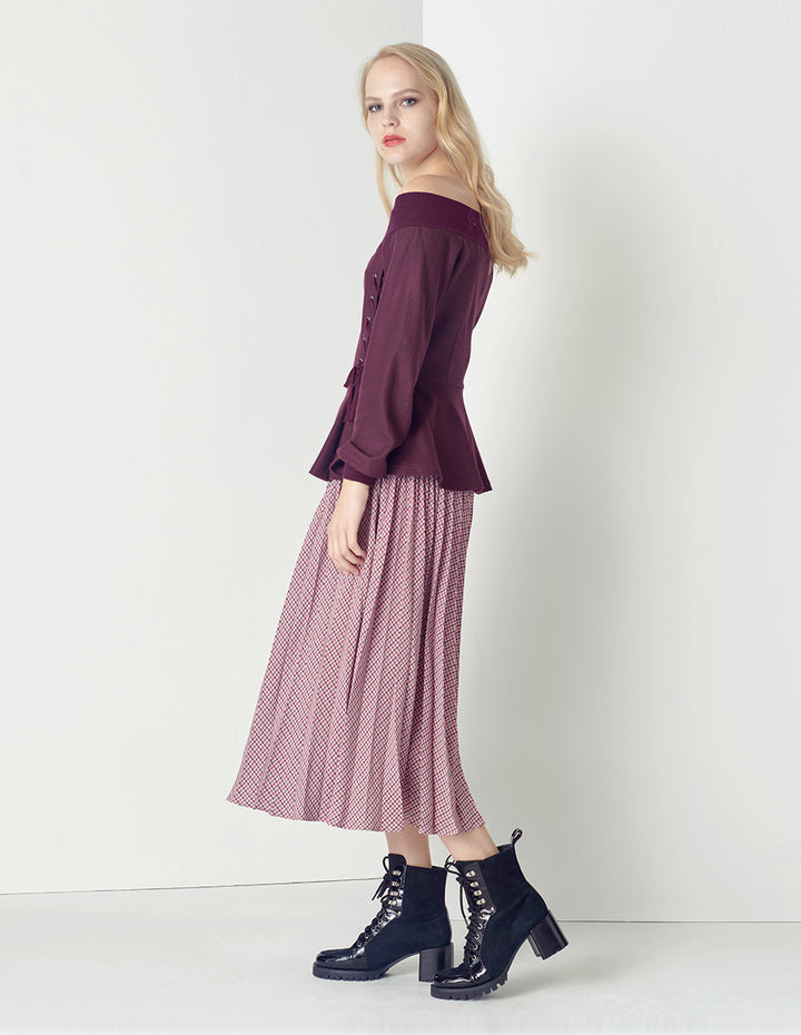 MARYLING Wine red off-shoulder sexy wool knitted top