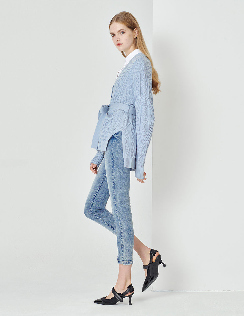 MARYLING Foggy Blue V-Neck Tied Waist Double Bag Knitted Cardigan