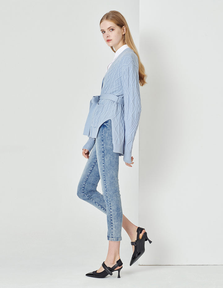 MARYLING Foggy Blue V-Neck Tied Waist Double Bag Knitted Cardigan