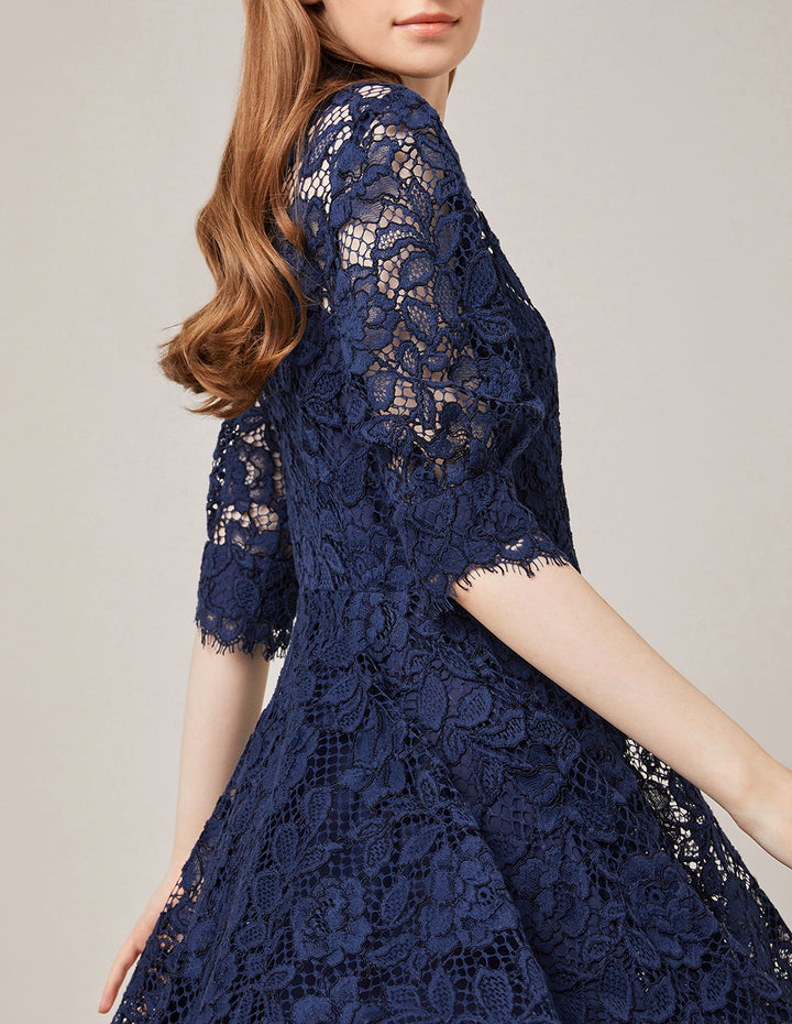 MARYLING Puff Sleeve Shirt Collar Lace Midi Dress