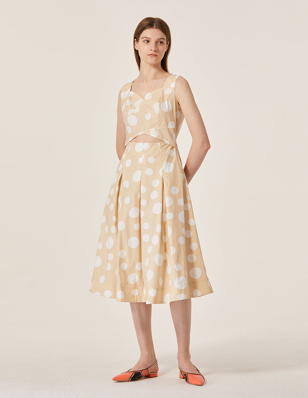 MARYLING Polka Dot Pattern Sleeveless A-Line Midi Dress