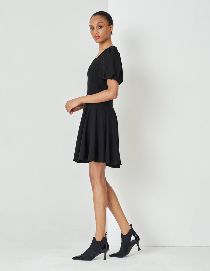 MARYLING Black Generous Collar Puff Sleeve Little Black Dress