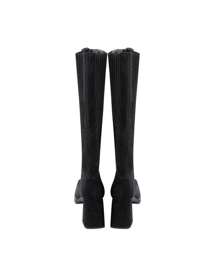 MARYLING square toe high-heeled knitted stitched sheepskin boots