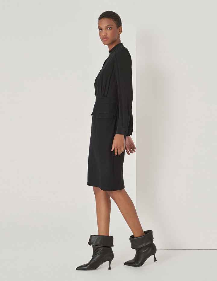 MARYLING Black Wool Silk Panel Dress