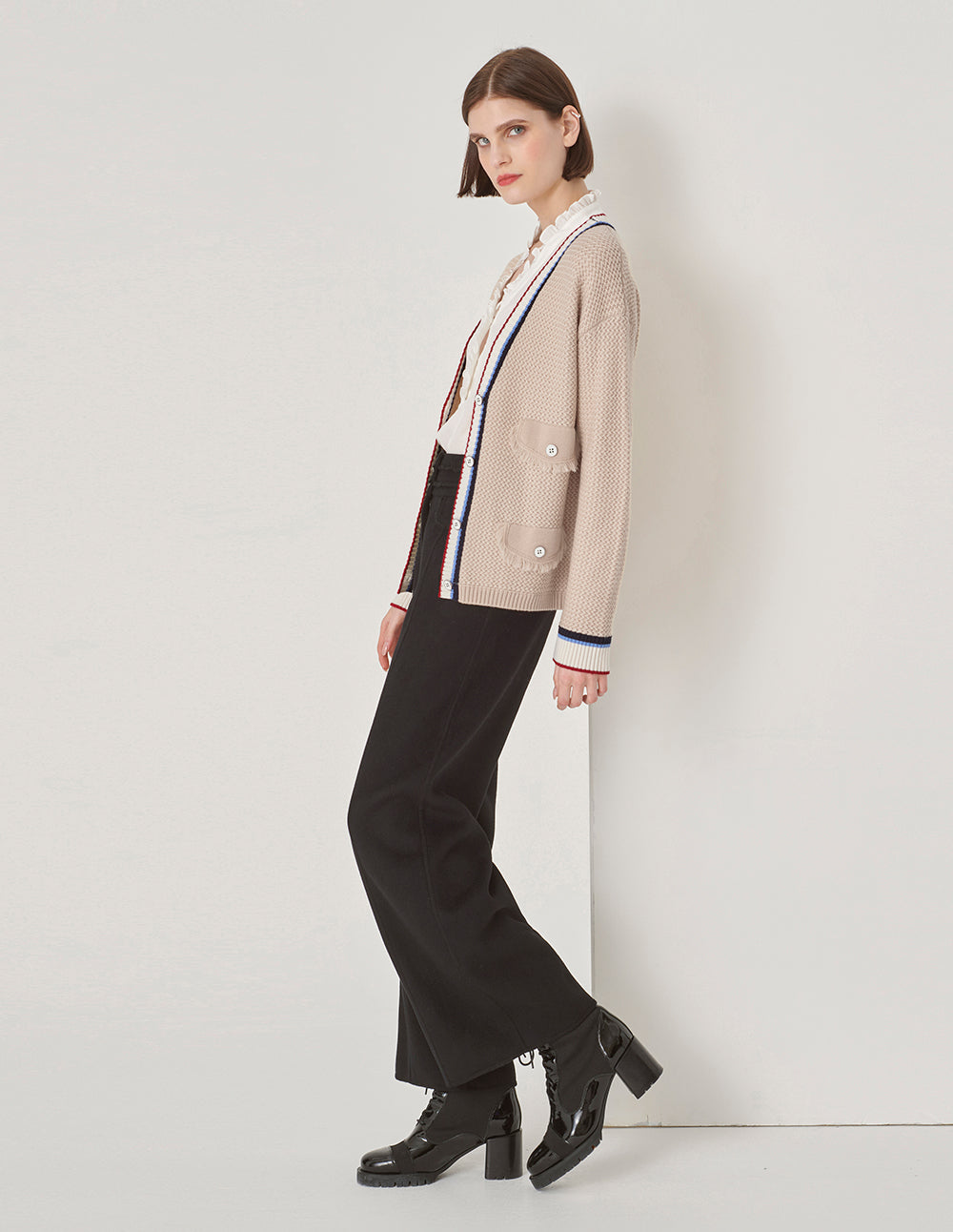 MARYLING Sand Multi-Pocket Stripe Clash Cardigan