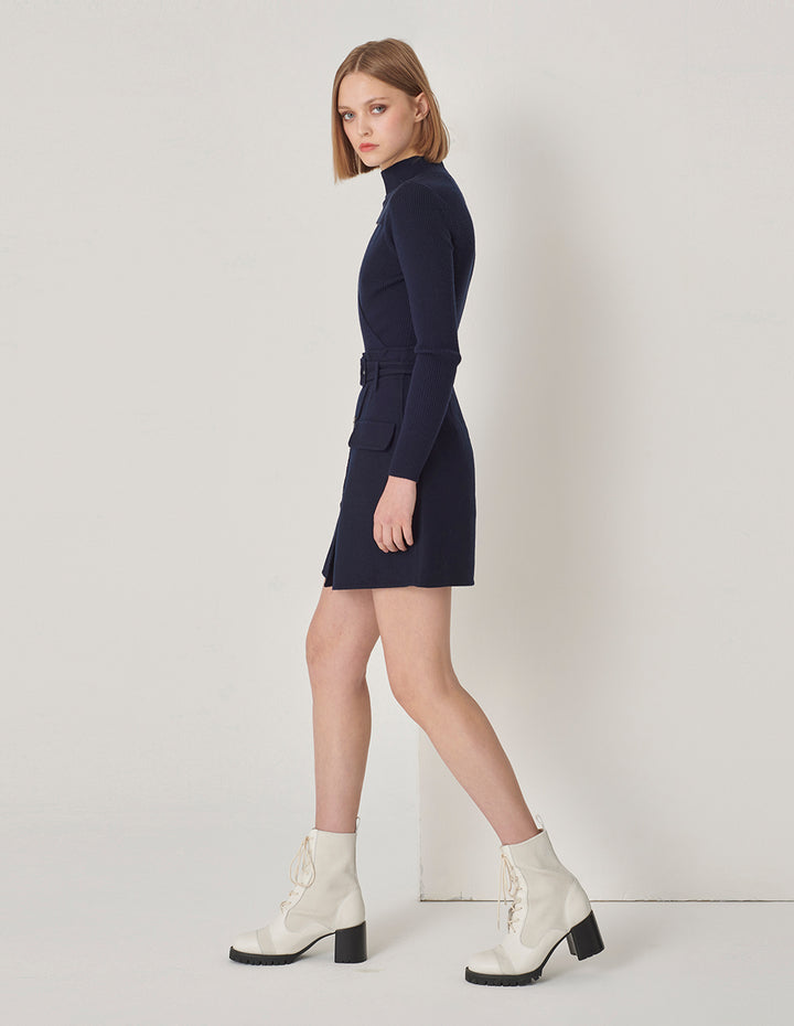 MARYLING Navy V-Shaped Hollow Knitted Double-Sided Woolen Dress