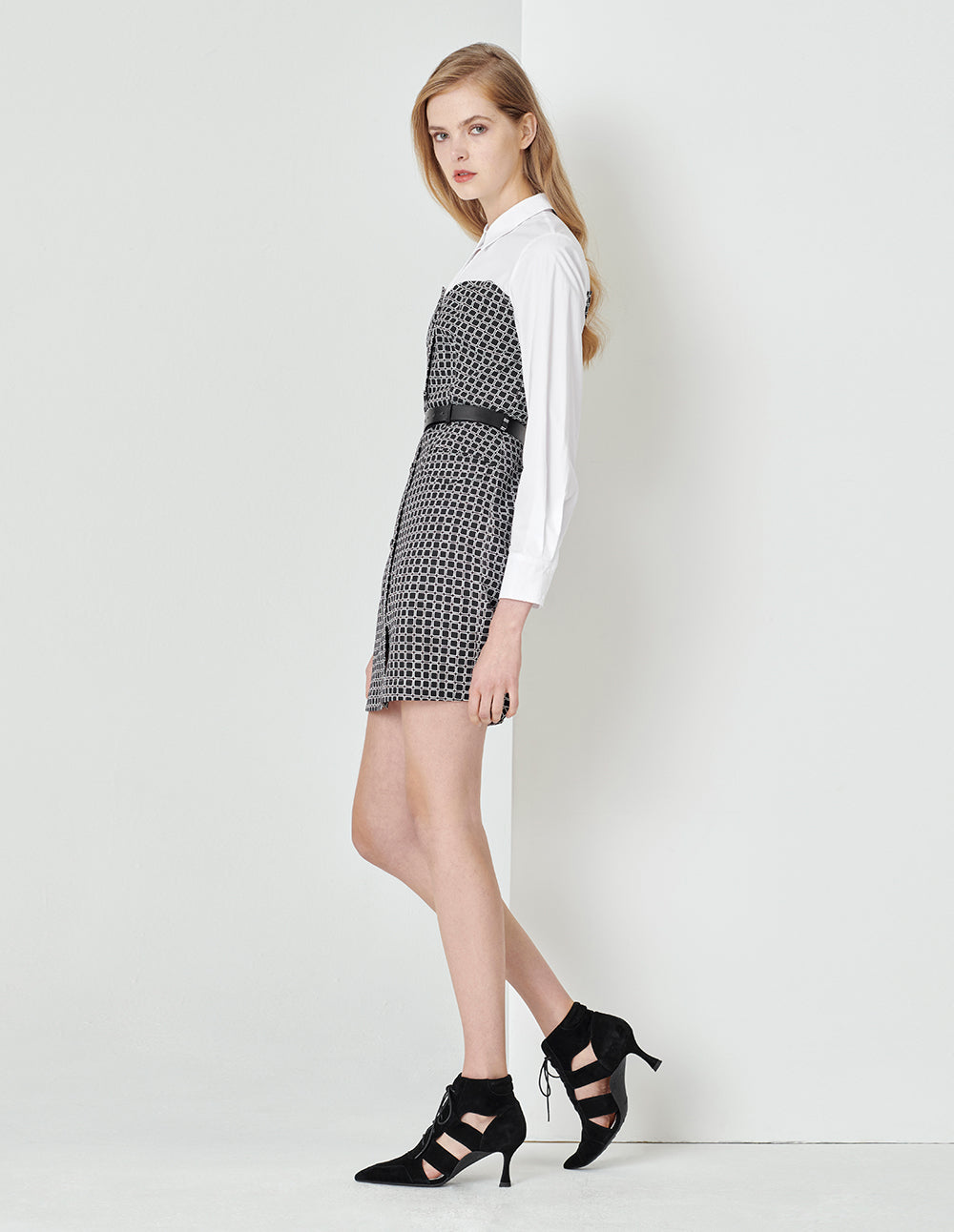 MARYLING Black And White Plaid Fake Two-Piece Spliced Contrast Colour Shirt Dress