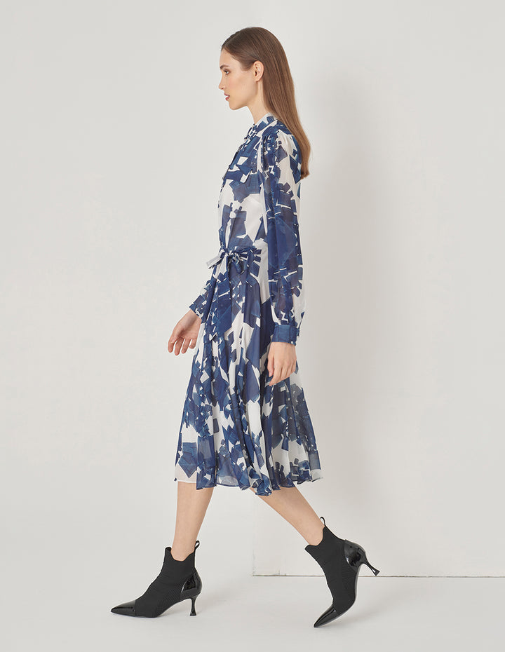 MARYLING Blue And White Grit Collar Blue Plaid Georgette Dress