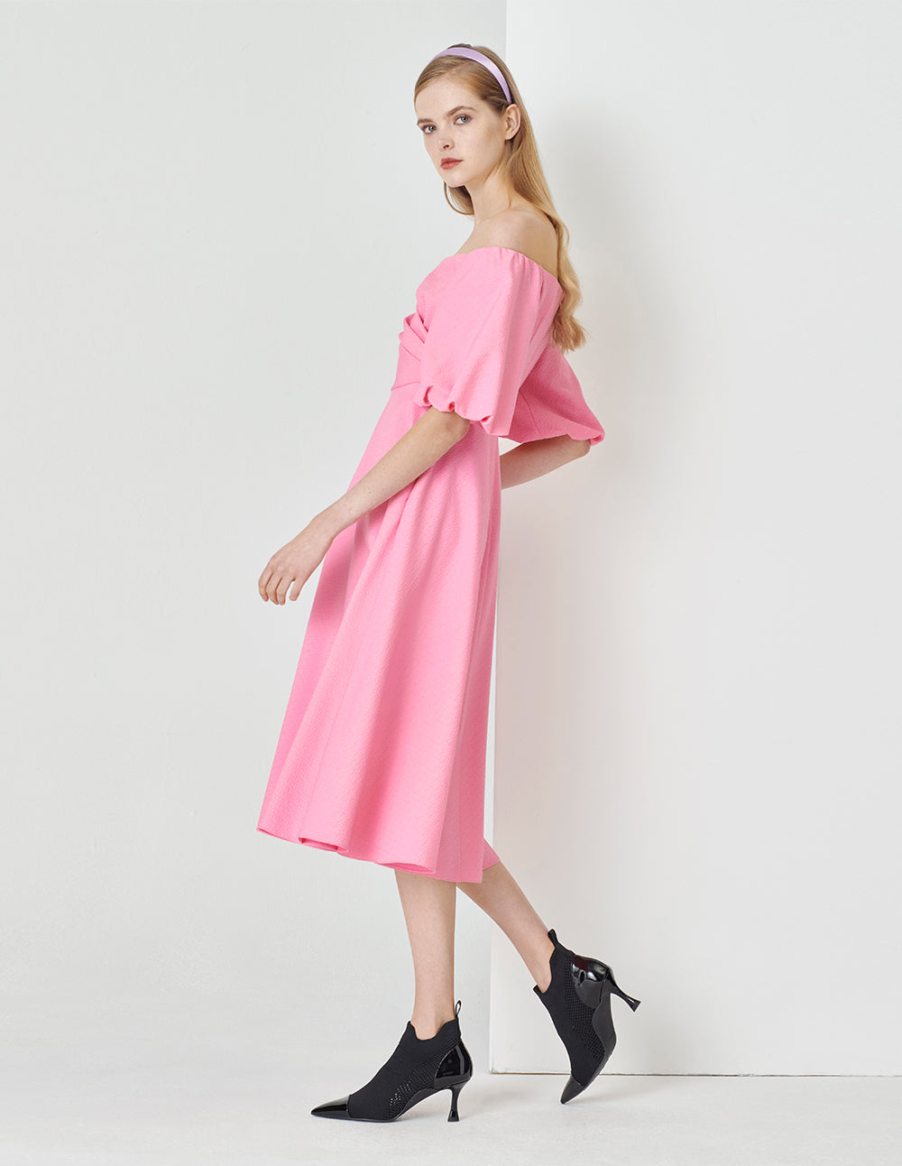 MARYLING Peach Pink One-Collar Puff Shoulder Dress