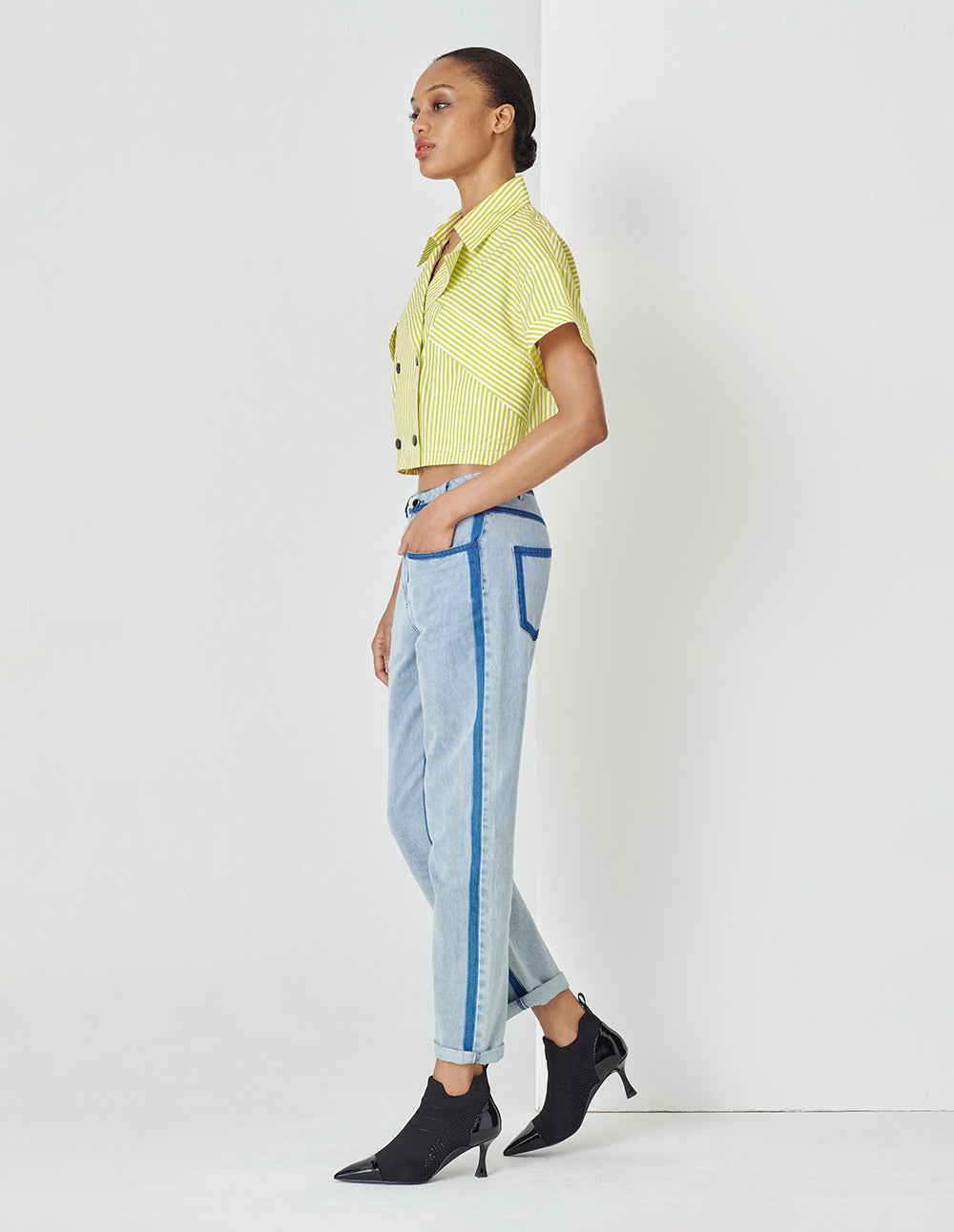 MARYLING Yellow And White Striped Lapel Blouse