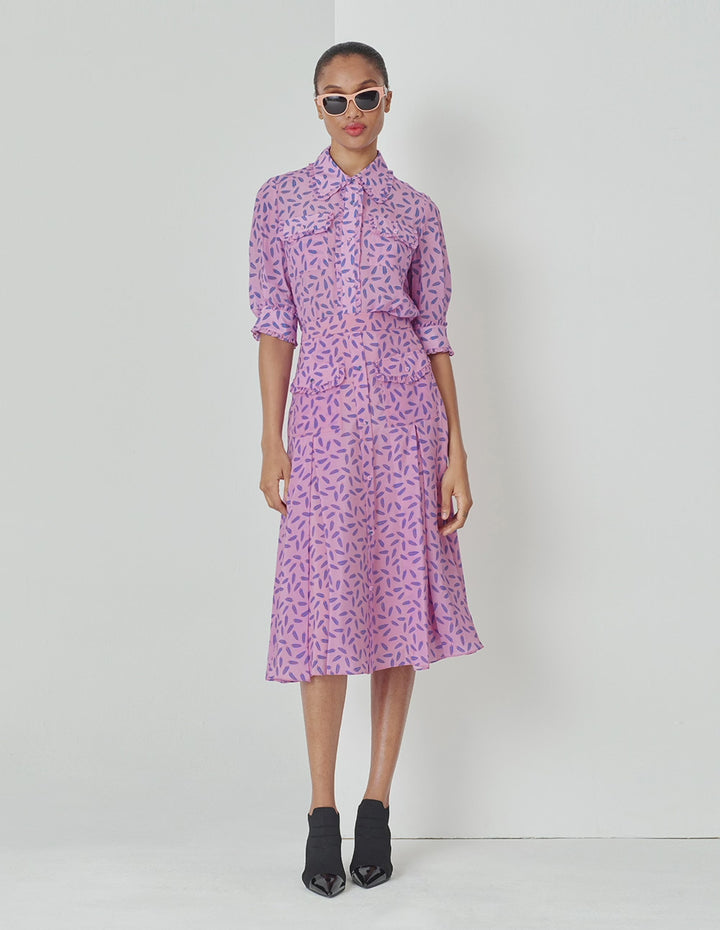 MARYLING Dreamy Pink Printed Cropped Sleeves Silk Shirt