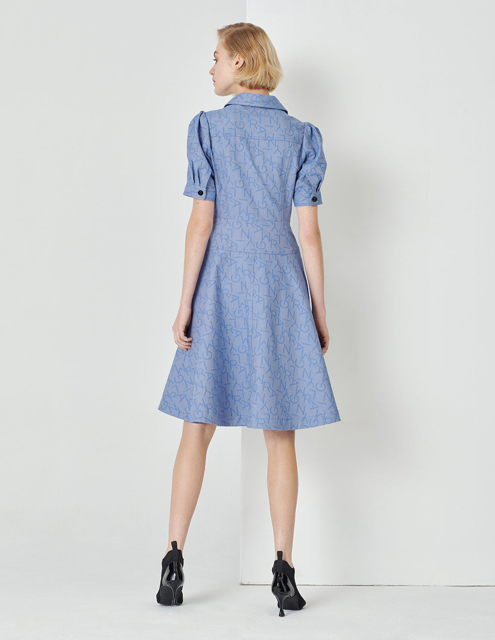 MARYLING V-Neck Puff Short-Sleeved High Waistline Blue Denim Shirt Dress