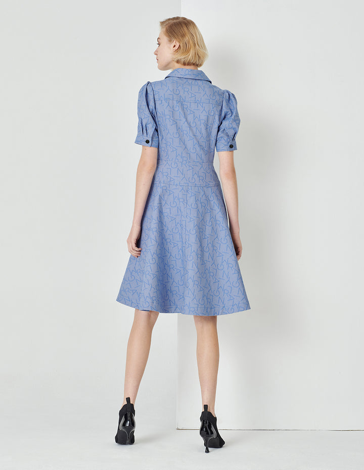 MARYLING V-Neck Puff Short-Sleeved High Waistline Blue Denim Shirt Dress