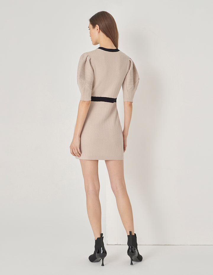 MARYLING Sand Colour Contrast V-Neck Long Sleeve Knit Dress