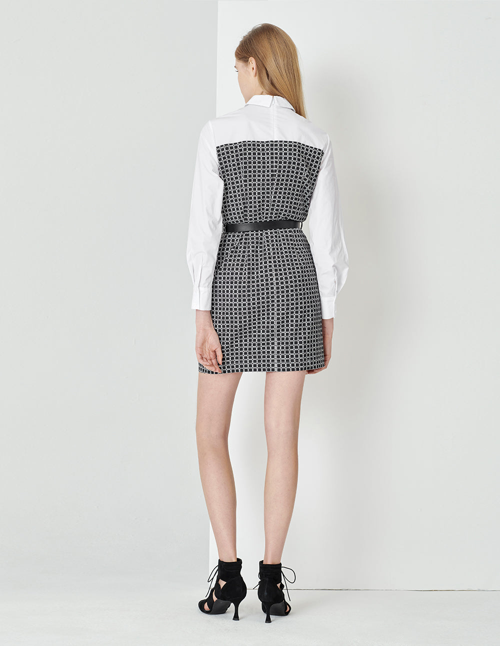 MARYLING Black And White Plaid Fake Two-Piece Spliced Contrast Colour Shirt Dress