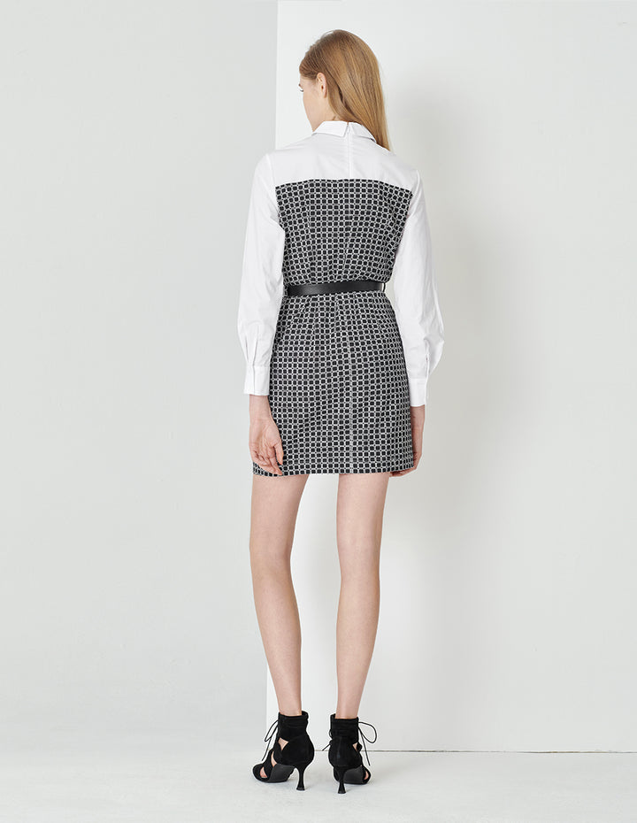 MARYLING Black And White Plaid Fake Two-Piece Spliced Contrast Colour Shirt Dress