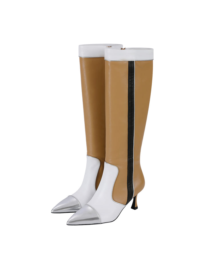 MARYLING Black And Beige Colour Matching Pointed Toe Stiletto Heeled Sheepskin Boots