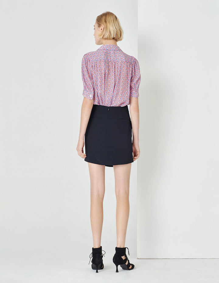 MARYLING Colourful Floral Shirt Collar A Hem Silk Print Top