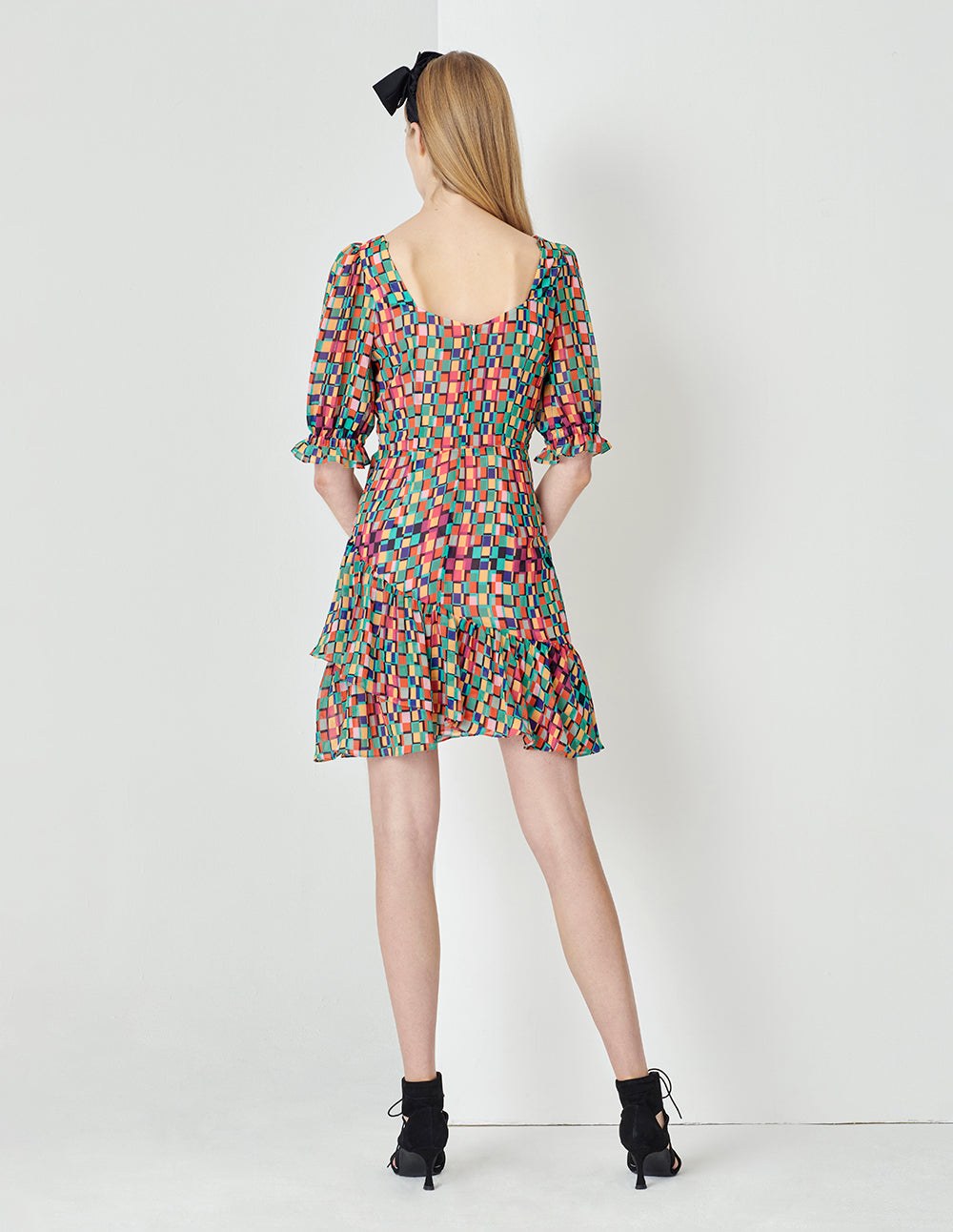 MARYLING Colourful Checkered Ruffle Detail Bubble Sleeve Printed Dress