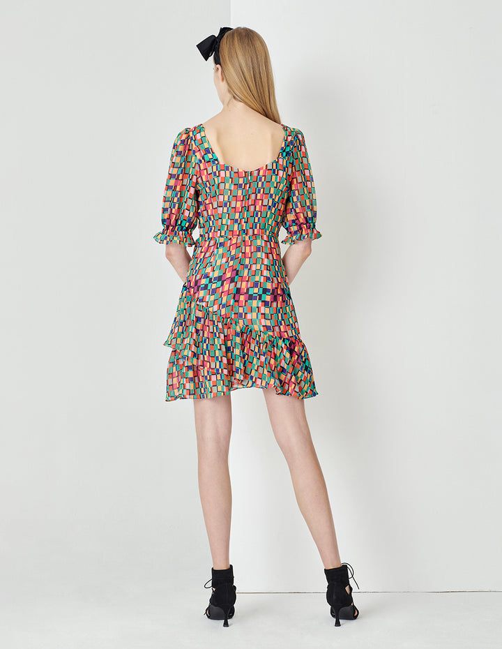 MARYLING Colourful Checkered Ruffle Detail Bubble Sleeve Printed Dress