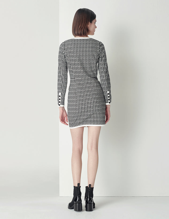 MARYLING Black and white houndstooth contrast color fringe dress
