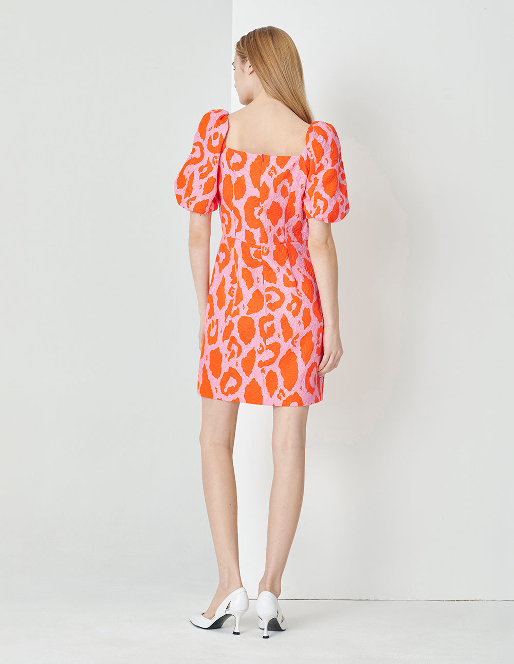 MARYLING Square Neck Puff Sleeve Jacquard Dress